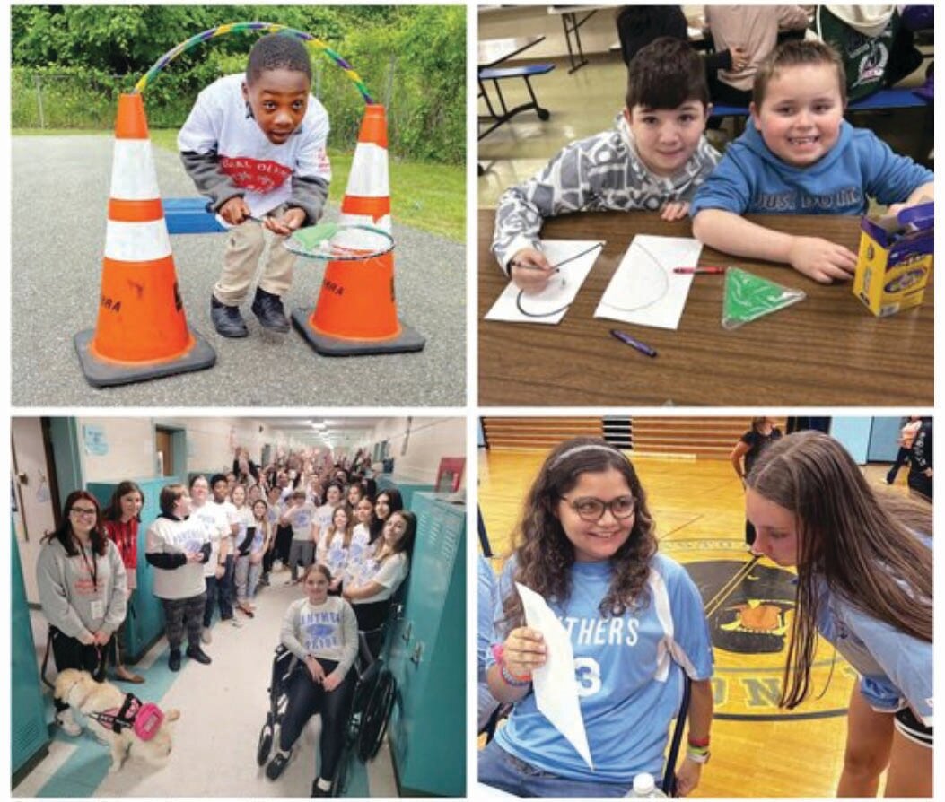 CHOOSE TO INCLUDE: Clockwise, from top left, Jonathan Jillah participates in Unified Field Day at Barnes Elementary School. Fifth- grader Michael D'Elia and first-grader Ayden Freeman created a heart puzzle piece project together to learn more about each other at Brown Elementary. The Special Olympics visited Ferri Middle School in March and the entire student body wore “Choose to Include” T-shirts to show their support. And at Johnston High, Unified Athlete Alexis Rivera and her teammate Ava Waterman, discuss the upcoming unified volleyball season schedule.